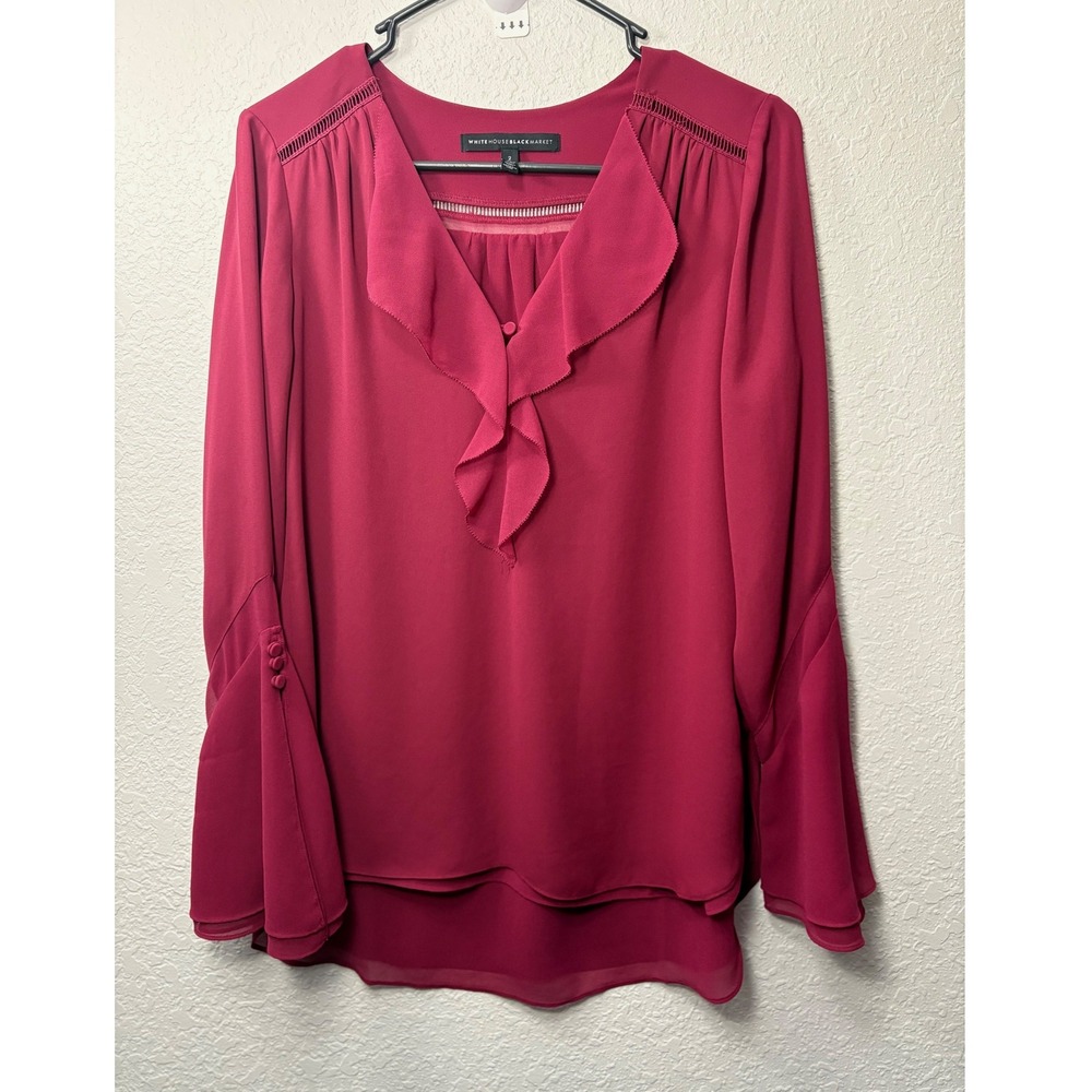 White House Black Market Women Burgundy Bell Sleeve Ruffle  Blouse Top Size 2